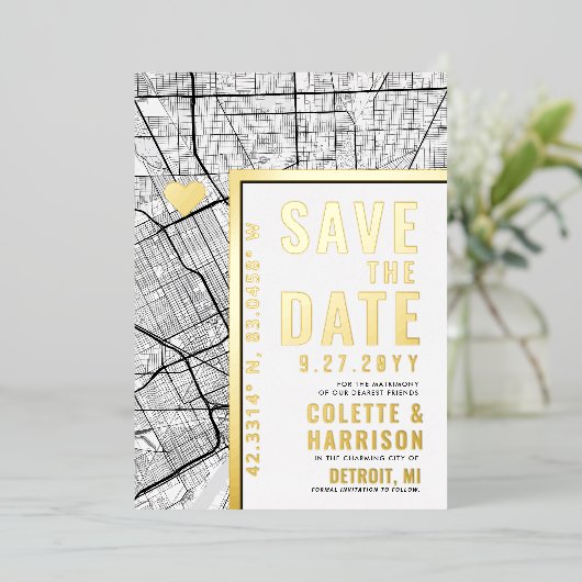 デトロイトラブロケーター |結婚式の日付の保存 箔招待状 (立ち正面)