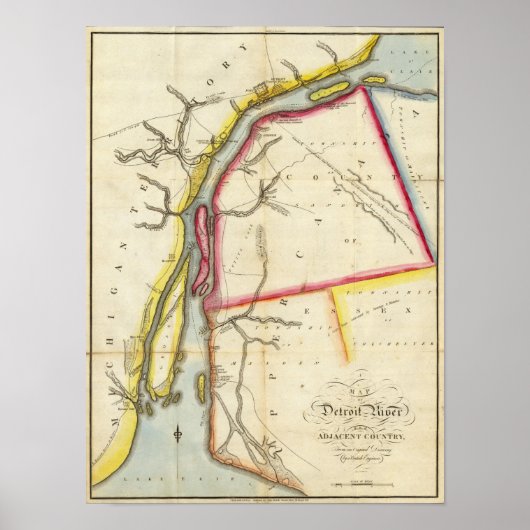 デトロイト川と隣国の地図 ポスター (正面)