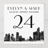 デトロイト結婚スカイライン白黒のテーブル番号 招待状 (正面)