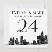 デトロイト結婚スカイライン白黒のテーブル番号 招待状 (裏面)