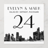 デトロイト結婚スカイライン白黒のテーブル番号 招待状 (裏面)