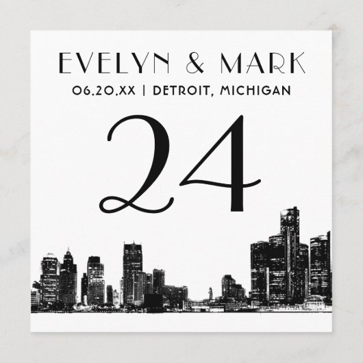 デトロイト結婚スカイライン白黒のテーブル番号 招待状 (裏面)