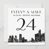デトロイト結婚スカイライン白黒のテーブル番号 招待状 (正面)