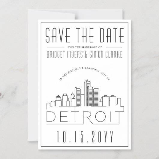 デトロイト結婚ス |スタイル設定されたスカイライン日付を保存 マグネット招待状 (正面)