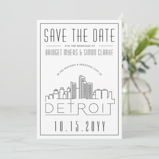 デトロイト結婚ス |スタイル設定されたスカイライン日付を保存 招待状 (スタンド正面)