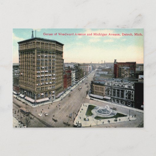 デトロイト、ウッドワード&ミシガンコーナー、ヴィンテージ ポストカード (正面)