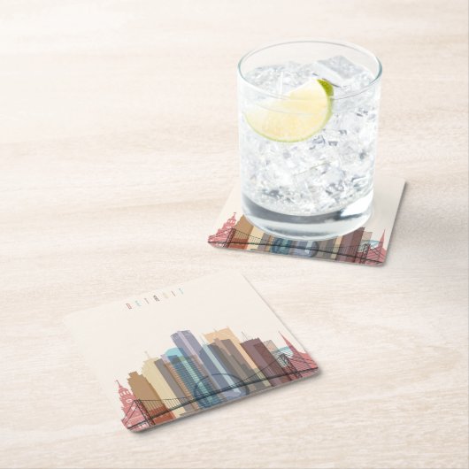 デトロイト、ミシガン州|都市スカイライン スクエアペーパーコースター (インサイチュ)