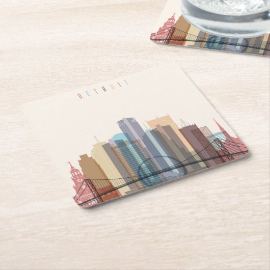 デトロイト、ミシガン州|都市スカイライン スクエアペーパーコースター (アングル)
