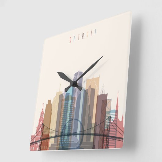 デトロイト、ミシガン州|都市スカイライン スクエア壁時計 (傾斜)