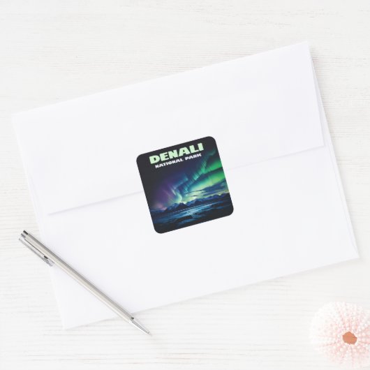 デナリナショナルパークアラスカノーザンライトズレトロ スクエアシール (封筒)