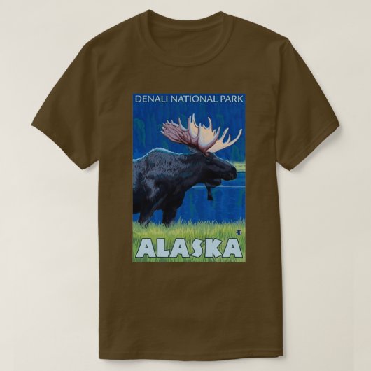 デナリ国立公園アラスカヴィンテージ旅行ムース Tシャツ (デザイン正面)