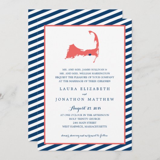 デニスポールケープコッドの地図とストライプ | 結婚s 招待状 (正面/裏面)