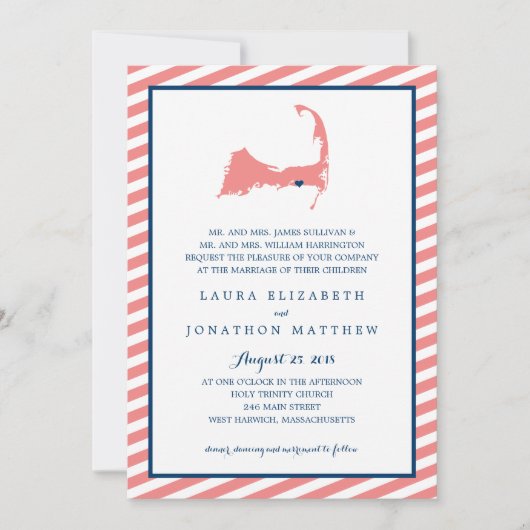 デニスポールケープコッドの地図とストライプ | 結婚s 招待状 (正面)