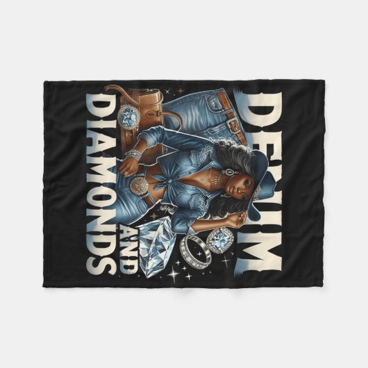 デニムおよびダイヤモンドアフリカメラニンスワッグ女性のカーボーイW フリースブランケット (正面(横))