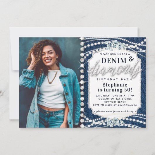 デニムきらきら光るダイヤモンド真珠の写真50誕生日 招待状 (正面)