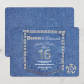 デニムとダイヤモンドのスイート16バースデー 招待状 (正面/裏面)