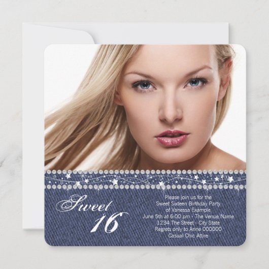 デニムとダイヤモンドのスイート16パーティー 招待状 (正面)