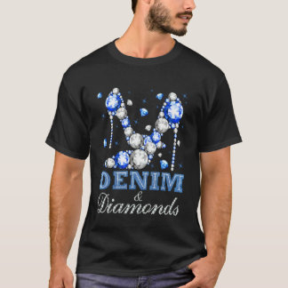 デニムとダイヤモンドのハイヒール装飾 バチェラー Tシャツ