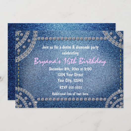 デニムとダイヤモンドのバースデーパーティ招待状 招待状 (正面/裏面)