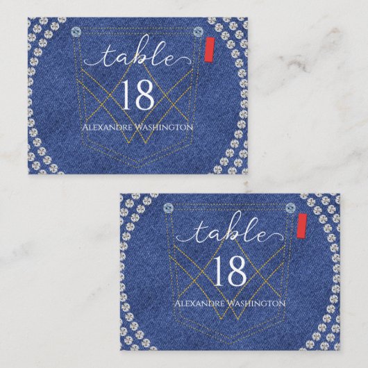 デニムとダイヤモンドのブルージーンズとゴージャスな誕生日パーティー プレイスカード (正面/裏面)