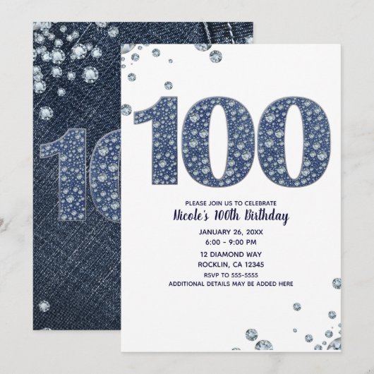 デニムとダイヤモンドの輝き 100周年 誕生日 招待状 (正面/裏面)