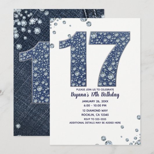 デニムとダイヤモンドの輝き 17歳の誕生日おめでとう 招待状 (正面/裏面)