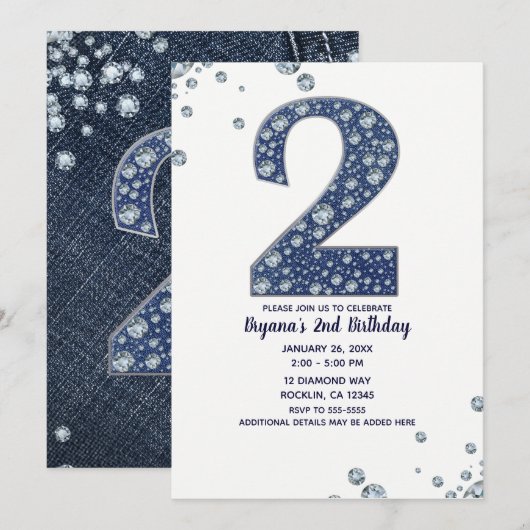 デニムとダイヤモンドの輝き 2歳の誕生日おめでとう 招待状 (正面/裏面)