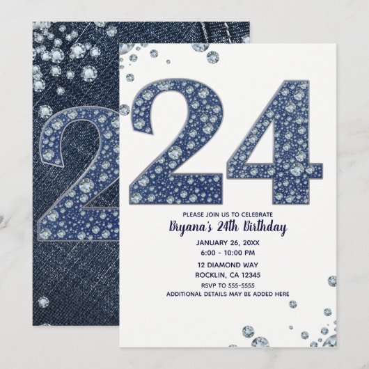 デニムとダイヤモンドの輝き 24歳の誕生日 招待状 (正面/裏面)