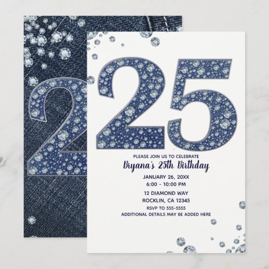 デニムとダイヤモンドの輝き 25歳の誕生日 招待状 (正面/裏面)