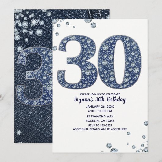 デニムとダイヤモンドの輝き 30歳の誕生日おめでとう 招待状 (正面/裏面)