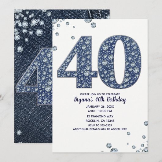 デニムとダイヤモンドの輝き 40歳の誕生日お祝いギフト 招待状 (正面/裏面)