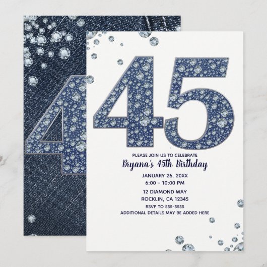 デニムとダイヤモンドの輝き 45歳の誕生日 招待状 (正面/裏面)
