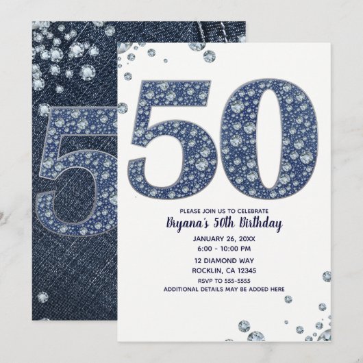 デニムとダイヤモンドの輝き 50歳の誕生日おめでとう 招待状 (正面/裏面)