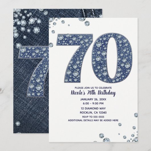 デニムとダイヤモンドの輝き 70歳の誕生日お祝い 招待状 (正面/裏面)