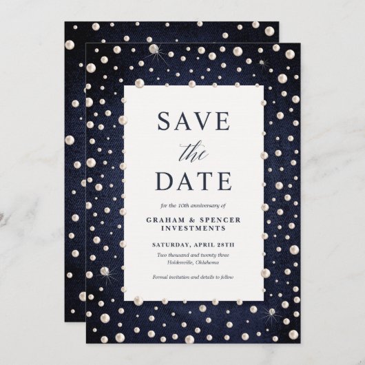 デニムとパールが日付カードを保存 招待状 (正面/裏面)