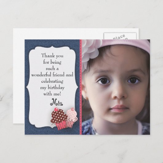 デニムとピンクカップケーキ写真誕生日ありがとう ポストカード (正面/裏面)