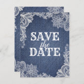 デニムとホワイトのフローラエレガントレース日付の保存 案内ポストカード (正面/裏面)