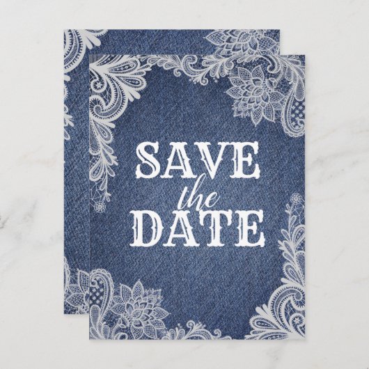 デニムとホワイトのフローラエレガントレース日付の保存 案内ポストカード (正面/裏面)