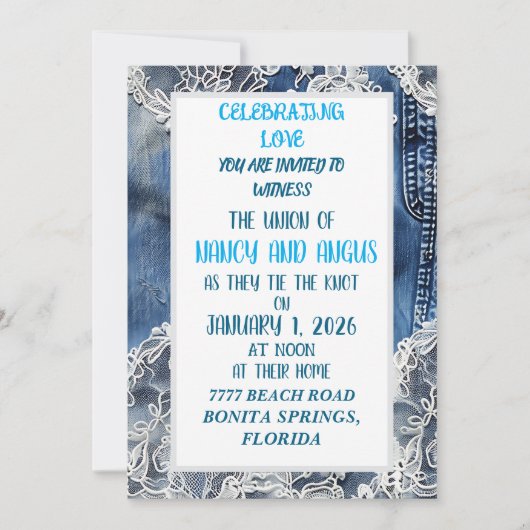 デニムと古いレースの結婚式招待状 招待状 (正面)