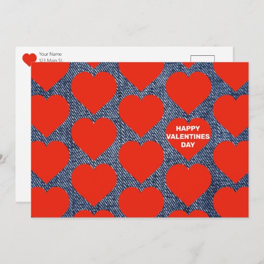 デニムと赤いハートバレンタインカード 案内状 (正面/裏面)
