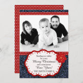 デニムと赤と白水玉模様写真クリスマス シーズンカード (正面/裏面)