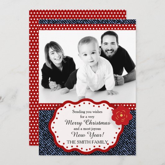 デニムと赤と白水玉模様写真クリスマス シーズンカード (正面/裏面)