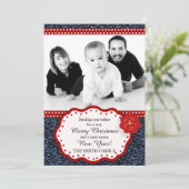 デニムと赤と白水玉模様写真クリスマス シーズンカード (スタンド正面)