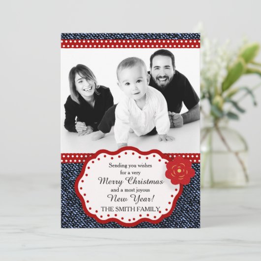 デニムと赤と白水玉模様写真クリスマス シーズンカード (スタンド正面)