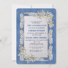 デニムにクリーム色の花のレースとパール 招待状