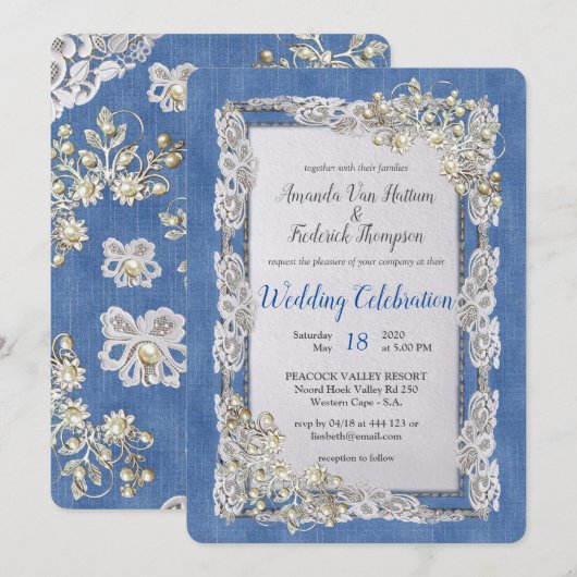 デニムにクリーム色の花のレースとパール 招待状 (正面/裏面)
