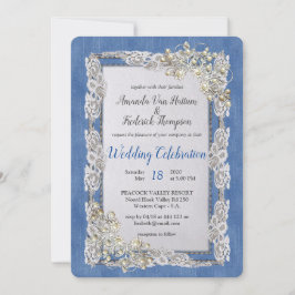 デニムにクリーム色の花のレースとパール 招待状