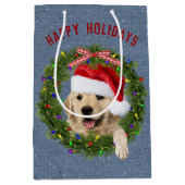 デニムのクリスマスゴールデンレトリバー ミディアムペーパーバッグ (正面)