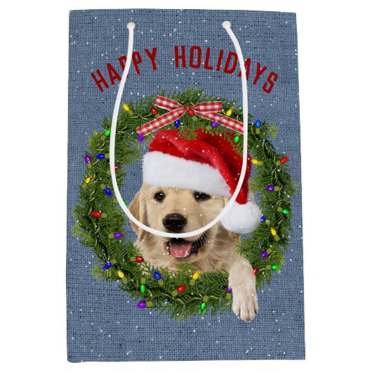 デニムのクリスマスゴールデンレトリバー ミディアムペーパーバッグ (正面)