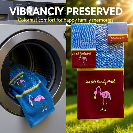 デニムのテクスチャを持つロマンチックなピンクのフラミンゴ。レッド バスタオルセット